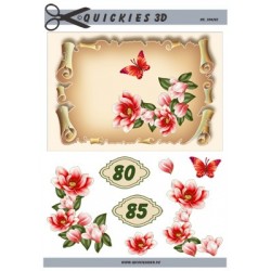 Telegram, røde blomster og sommerfugl på pergament med tallet 80 & 85, 3D ark