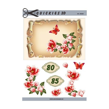 Telegram, røde blomster og sommerfugl på pergament med tallet 80 & 85, 3D ark