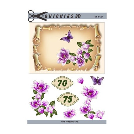 Telegran, Lilla blomster og sommerfugl på pergament med tallet 70 & 75, 3D ark
