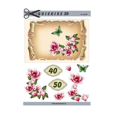 Telegram, Mørkerøde blomster og sommerfugl på pergament med tallet 40 & 50, 3D ark
