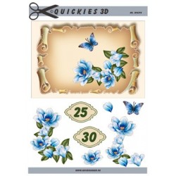 Telegram, Blå blomster og sommerfugl på pergament med tallet 25 & 30, 3D ark